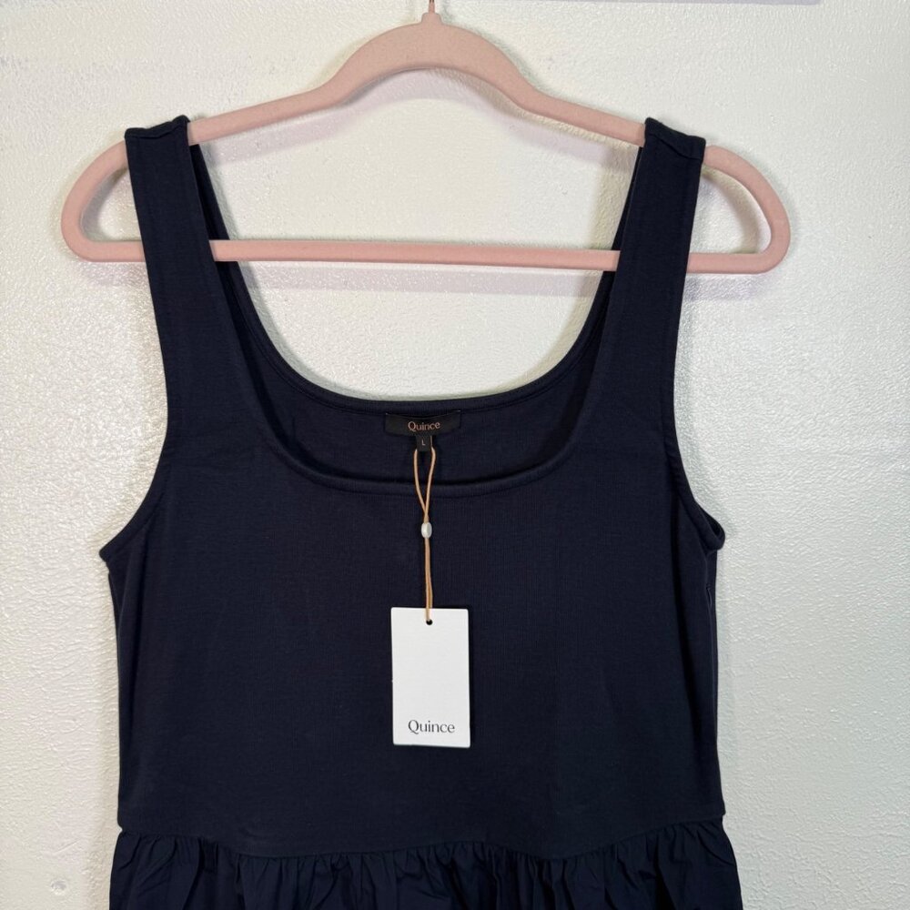 Quince Organic Cotton Mixed Media Tank Dress Navy Large Pockets NWT Casual - Picture 5 of 15